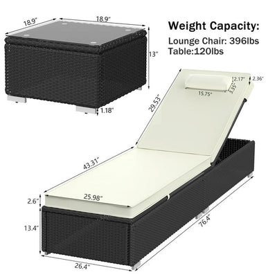 SEGMART 3 Pieces Outdoor Rattan Wicker Lounge Chairs Set, Adjustable Reclining Backrest Lounger Chairs and Table, Modern Rattan Chaise Chairs with Table & Cushions, Chaise Lounge for Pool, Yard, Deck