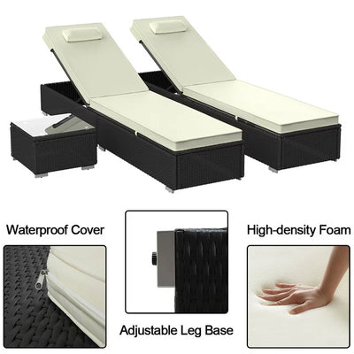 SEGMART 3 Pieces Outdoor Rattan Wicker Lounge Chairs Set, Adjustable Reclining Backrest Lounger Chairs and Table, Modern Rattan Chaise Chairs with Table & Cushions, Chaise Lounge for Pool, Yard, Deck