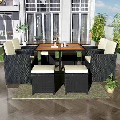 9 Piece Indoor Outdoor Wicker Dining Set Furniture, Patio Rattan Furniture Set with Wood Tabletop and Stackable Armrest Chairs, All-Weather Sectional Conversation Set with Cushions