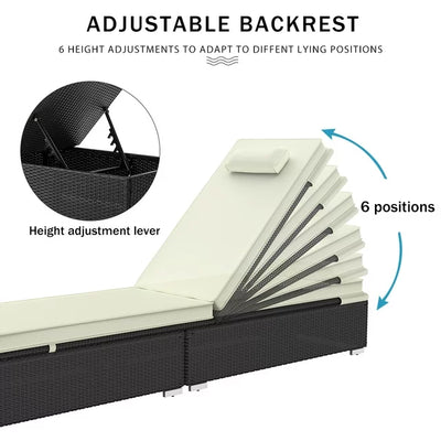 SEGMART 3 Pieces Outdoor Rattan Wicker Lounge Chairs Set, Adjustable Reclining Backrest Lounger Chairs and Table, Modern Rattan Chaise Chairs with Table & Cushions, Chaise Lounge for Pool, Yard, Deck