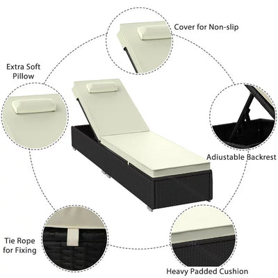 SEGMART 3 Pieces Outdoor Rattan Wicker Lounge Chairs Set, Adjustable Reclining Backrest Lounger Chairs and Table, Modern Rattan Chaise Chairs with Table & Cushions, Chaise Lounge for Pool, Yard, Deck