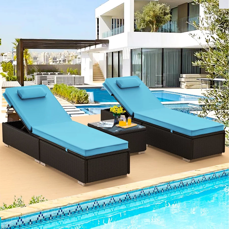 SEGMART 3 Pieces Outdoor Rattan Wicker Lounge Chairs Set Adjustable R