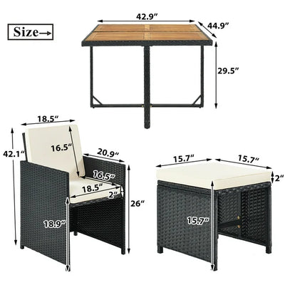 9 Piece Indoor Outdoor Wicker Dining Set Furniture, Patio Rattan Furniture Set with Wood Tabletop and Stackable Armrest Chairs, All-Weather Sectional Conversation Set with Cushions