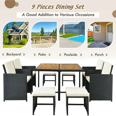 9 Piece Indoor Outdoor Wicker Dining Set Furniture, Patio Rattan Furniture Set with Wood Tabletop and Stackable Armrest Chairs, All-Weather Sectional Conversation Set with Cushions
