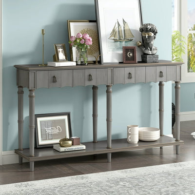 Console Sofa Table with 4 Drawers, 59'' x 15'' x 33'' Wood Buffet Sideboard Desk w/Bottom Shelf, Retro Tall Entryway Table w/ MDF panel for Kitchen Dining Room Cupboard, 220lbs, Grey, S9912