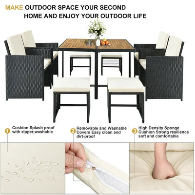 9 Piece Indoor Outdoor Wicker Dining Set Furniture, Patio Rattan Furniture Set with Wood Tabletop and Stackable Armrest Chairs, All-Weather Sectional Conversation Set with Cushions