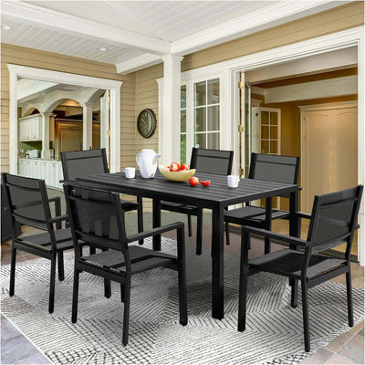 7 Piece Outdoor Dining Set, Patio Dining Table Set for 6 Persons, Garden Patio Textilene Dining Furniture Set with Plastic-Wood Tabletop, Dining Table Chairs Conversation Set for Deck Patio