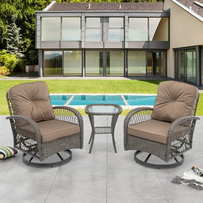 SEGMART 3 PCS Patio Swivel Rocker Set, PE Rattan Swivel Bistro Table Set, Outdoor Conversation Set with Glass Tabletop and Cushions for Balcony Patio Deck Poolside