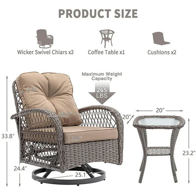 SEGMART 3 PCS Patio Swivel Rocker Set, PE Rattan Swivel Bistro Table Set, Outdoor Conversation Set with Glass Tabletop and Cushions for Balcony Patio Deck Poolside