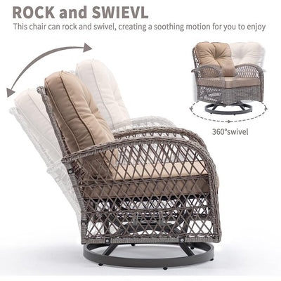 SEGMART 3 PCS Patio Swivel Rocker Set, PE Rattan Swivel Bistro Table Set, Outdoor Conversation Set with Glass Tabletop and Cushions for Balcony Patio Deck Poolside