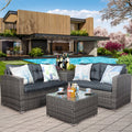 Outdoor Deck Furniture, 4 Piece Outdoor Conversation Set with Loveseat Sofa, Storage Box, Tempered Glass Coffee Table, All-Weather Patio Sectional Sofa Set with Cushion for Backyard Garden Pool, L4983