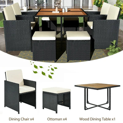 9 Piece Indoor Outdoor Wicker Dining Set Furniture, Patio Rattan Furniture Set with Wood Tabletop and Stackable Armrest Chairs, All-Weather Sectional Conversation Set with Cushions