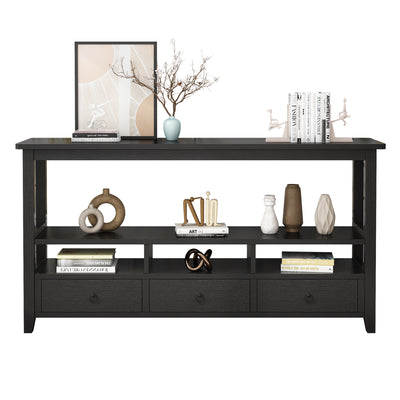 57.9" 3-Tier Vintage Console Table with 3 Drawers, Buffet Sideboard Hallway Foyer Table with Storage Shelves, Narrow Long Sofa Entryway Table for Living Room, Kitchen Counter, Black
