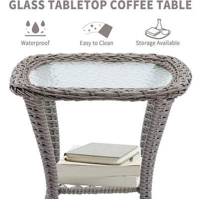 3 PCS Patio Swivel Rocker Set, PE Rattan Swivel Bistro Table Set, Outdoor Conversation Set with Glass Tabletop and Cushions for Balcony Patio Deck Poolside