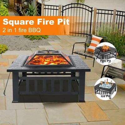 Multifunctional Fire Pit Table, 32'' Fireplace Heater/Ice Pit, Square Metal Fire Pit Stove with Screen Lid and Log Poker for Backyard Garden Camping Picnic Bonfire - Black, K1153
