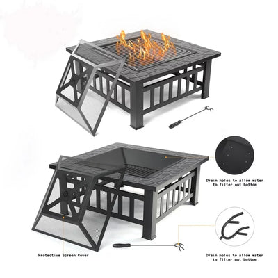 Multifunctional Fire Pit Table, 32'' Fireplace Heater/Ice Pit, Square Metal Fire Pit Stove with Screen Lid and Log Poker for Backyard Garden Camping Picnic Bonfire - Black, K1153