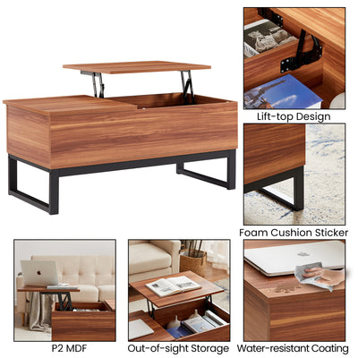 Wood Lift Top Coffee Table with Hidden Compartment, 3 in 1 Multi-Function Lift Tabletop with Storage, Modern Style Dining Table for Living Room and Office, 41-inch, Rustic Oak