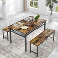 Dining Room Table Set for 4, Farmhouse Wood Kitchen Table Set with 2 Benches, Storage Shelf, Metal Frame and Solid MDF Wood Board, Small Dining Table Furniture Set for Kitchen Living Dining Room