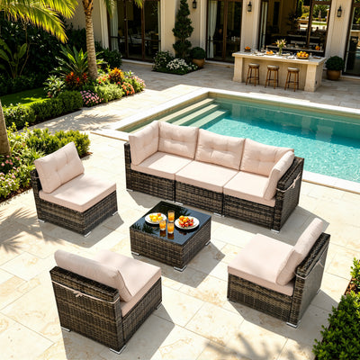 7 Piece Rattan Sectional Sofa Set, Outdoor Conversation Set, All-Weather Wicker Sectional Seating Group with Cushions & Coffee Table, Morden Furniture Couch Set for Patio Deck Garden Pool, B31