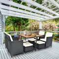 9 Piece Indoor Outdoor Wicker Dining Set Furniture, Patio Rattan Furniture Set with Wood Tabletop and Stackable Armrest Chairs, All-Weather Sectional Conversation Set with Cushions