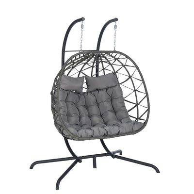 SEGMART 2-Person Hanging Swing Chair with Stand, Double Hanging Egg Chair with Cushion and Pillow, Foldable Wicker Rattan Patio Basket Hanging Chair for Indoor Outdoor Garden