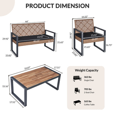 Segmart 4 Piece Patio Conversation Set, PE Rattan Patio Furniture Set with Coffee Table, All-Weather Outdoor Sofa Set with Cushion for Porch, Backyard, Balcony - Light Brown
