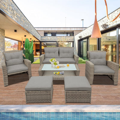 SEGMART 6 Piece Outdoor Patio Furniture Sets, All-Weather Rattan Conversation Set with Ottoman & Cushions, Outdoor Sectional Wicker Set for Backyard, Deck, Poolside
