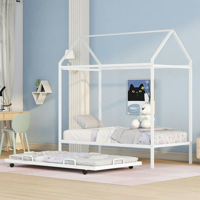 Kids House Beds, Sturdy Metal Twin-Size Bunk Bed Frame with Pull-Out Twin Size Trundle, Easy Assembly, No Spring Box Needed, White, SS1784