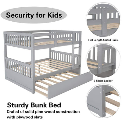 SEGMART Gray Full over Full Bunk Bed with Trundle, Solid Wood Full Bunk Bed with Ladder, Full Size Detachable Bunk Bed Frame for Kids, Boys, Girls, Teens, No Box Spring Needed, LLL1476
