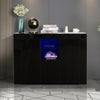 Kitchen Sidetable Cabinet Cupboard, Black High Gloss Sideboard Buffet Storage Cabinet w/ 16-Color LED lights, Large Storage Drawers and 2 Cabinet, Open Shelves, Black, S6383
