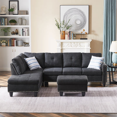 Sectional Sofa and Chaise Lounge Sets, 3-piece Sofa Beds Furniture with Storage Ottoman, 97.5'' Modern Tufted Soft Sofa and Couch with 2 Pillows and Wood Frame, 1500lbs, S1724