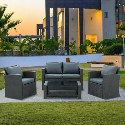 4 Pieces Outdoor Wicker Conversation Set, All-Weather Rattan Patio Furniture Sets with Arm Chairs, Tempered Glass Tabletop and Cushions, Sectional Sofa Set for Backyard, Garden, Poolside