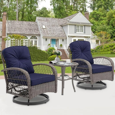 SEGMART 3 PCS Patio Swivel Rocker Set, PE Rattan Swivel Bistro Table Set, Outdoor Conversation Set with Glass Tabletop and Cushions for Balcony Patio Deck Poolside