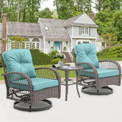 SEGMART 3 PCS Patio Swivel Rocker Set, PE Rattan Swivel Bistro Table Set, Outdoor Conversation Set with Glass Tabletop and Cushions for Balcony Patio Deck Poolside