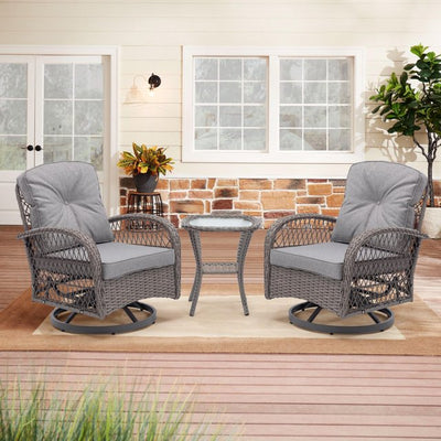 3 PCS Patio Swivel Rocker Set, PE Rattan Swivel Bistro Table Set, Outdoor Conversation Set with Glass Tabletop and Cushions for Balcony Patio Deck Poolside