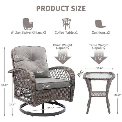 3 PCS Patio Swivel Rocker Set, PE Rattan Swivel Bistro Table Set, Outdoor Conversation Set with Glass Tabletop and Cushions for Balcony Patio Deck Poolside