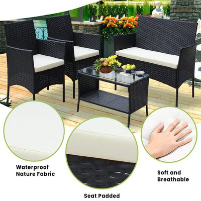 SEGMART Wicker Patio Sets, 4 Piece Outdoor Conversation Set with Glass Dining Table, Loveseat & 2 Cushioned Chairs, Modern Patio Furniture Sets for Yard, Porch, Garden, Poolside, Beige