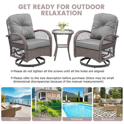 3 PCS Patio Swivel Rocker Set, PE Rattan Swivel Bistro Table Set, Outdoor Conversation Set with Glass Tabletop and Cushions for Balcony Patio Deck Poolside