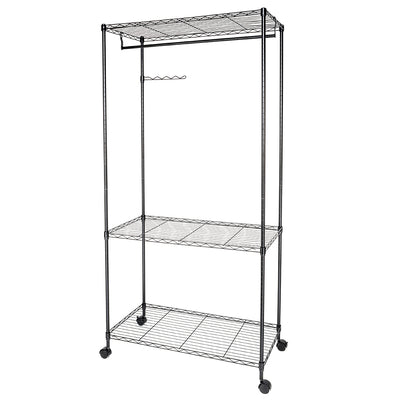 Portable Clothes Rack, Heavy Duty Hanging Garment Rack with Wheels and Side Hooks, 3 Shelves Wire Shelving Rack With Hanger Rods, Freestanding Closet Wardrobe Rack for Home Bedroom