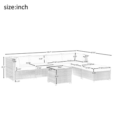 7 Piece Patio Furniture Set with 6 Rattan Wicker Chairs, Coffee Table and 2 Pillows, Outdoor Conversation Set with Beige Cushions for Backyard, Porch, Garden, Poolside, LLL4246