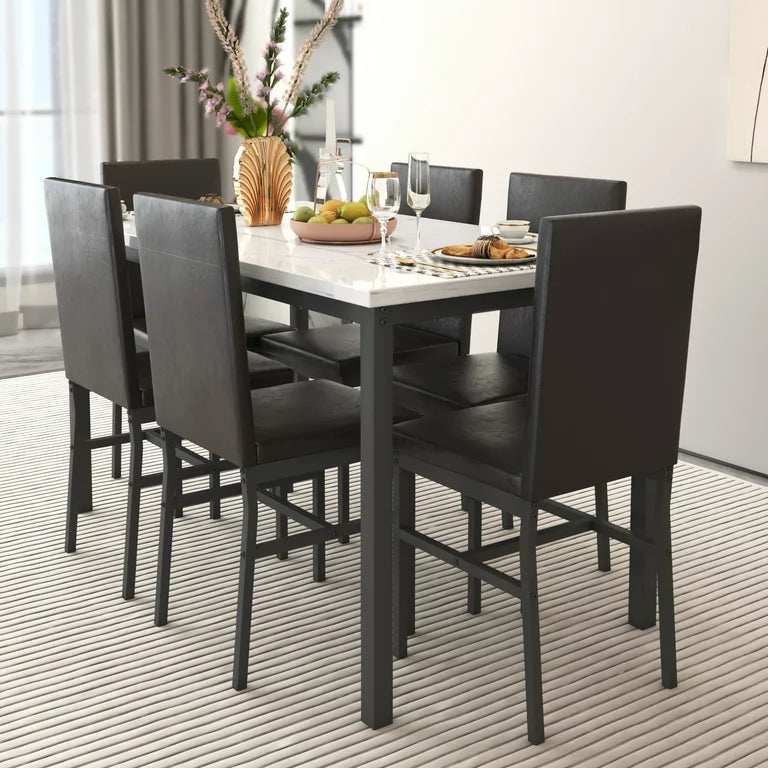 Dining Table with 6 High-back Upholstered Chairs, Modern Dinette Set, Dining Table and Chairs Set for 6 Persons, Small Home Kitchen Dining Table Set, Ideal for Apartment Breakfast Nook Bar, B1464