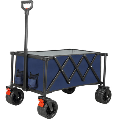 Outdoor Folding Utility Wagon, Collapsible Beach Wagon Cart with 360 Rotating Front Wheels and Drink Holders, Portable Garden Cart for Camping, Picnic, Beach