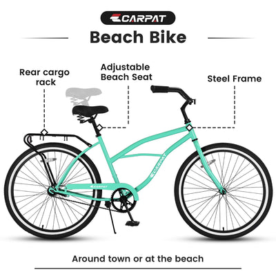 26'' Bike with Single Speed, SEGMART Lightweight Bicycle with Adjustable Beach Seat, Upgrade Beach Cruiser Bike with Rear Cargo Rack for Men Women Adult, Green