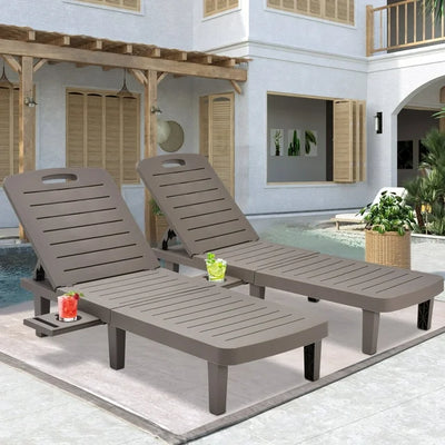 Patio Lounge Chair Set of 2, Adjustable Chaise with Side Table, Outdoor Lounger Recliner for Poolside, Patio, Backyard, Wood Texture Design | Waterproof | Easy to Assemble | Max Weight 330 lbs White
