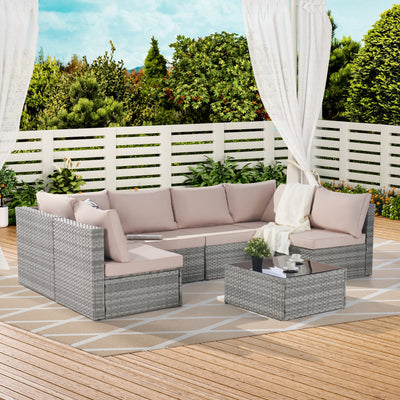 7 Piece Outdoor Deck Furniture Sets with 6 Rattan Wicker Chairs, Coffee Table and Pillows, Patio Conversation Set with Thickened Cushions for Backyard, Porch, Garden, Poolside, LLL4245