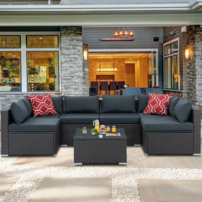 Patio Outdoor Furniture Sets, 7 Pieces All-Weather Rattan Sectional Sofa with Tea Table, Cushions & Pillow, PE Rattan Wicker Sofa Couch Conversation Set for Garden Backyard Poolside, B04