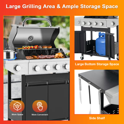 SEGMART 4 Burner Propane Gas Grill with Side Burner, Stainless Steel 38,200 BTU Outdoor Cooking BBQ Grill with Lid, Wheels, Shelves and Bottle Opener for Outdoor Cooking Picnic