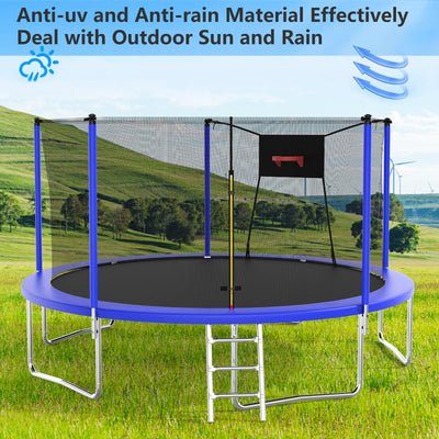 14ft Trampoline with Enclosure on Clearance, New Upgraded Kids Outdoor Trampoline with Basketball Hoop and Ladder, Heavy-Duty Round Outdoor Backyard Bounce Jumper Trampoline for Boys Girls