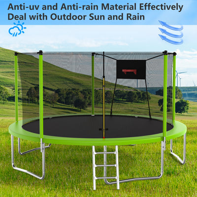 14ft Trampoline with Enclosure on Clearance, New Upgraded Kids Outdoor Trampoline with Basketball Hoop and Ladder, Heavy-Duty Round Outdoor Backyard Bounce Jumper Trampoline for Boys Girls