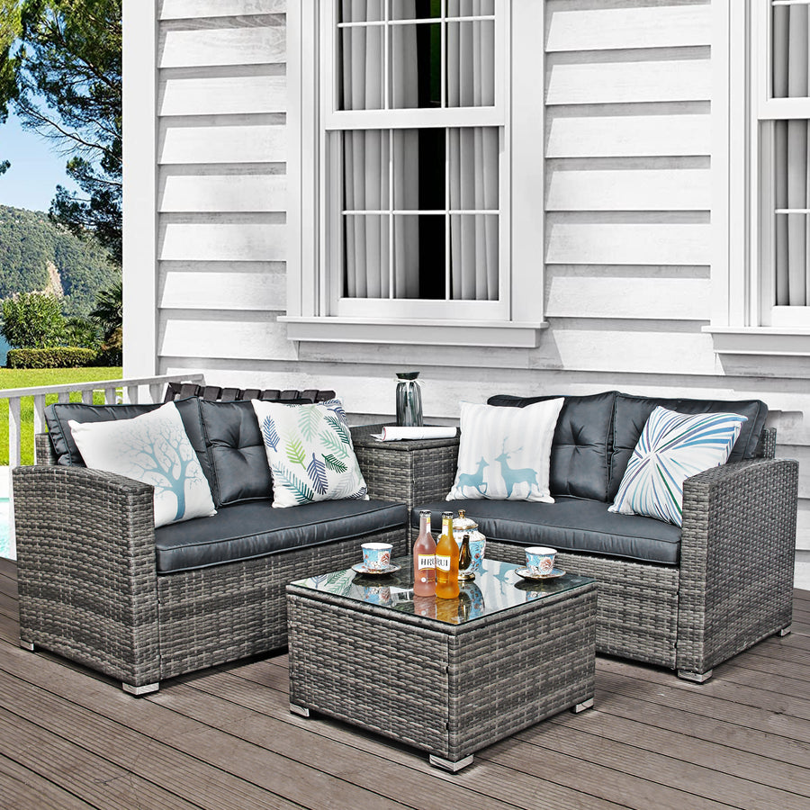 Outdoor Patio Chairs & Seating Sets Furniture for Outdoor Patio, 4-Piece Wicker Conversation Set w/L-Seats Sofa, R-Seats Sofa, Cushion box, Tempered Glass Dining Table, Padded Cushions, S9136